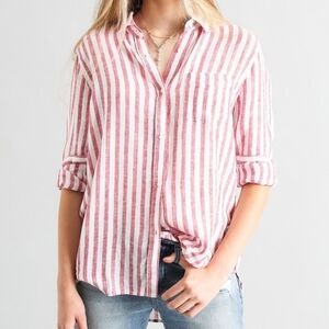 Rails Charli Carmine Linen Blend Red White Stripe Button Down Shirt Size Medium